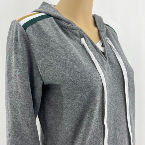 Jessica Simpson SMALL Gray The Warm Up Striped Shoulder Hoodie Sweater - Picture 2 of 6
